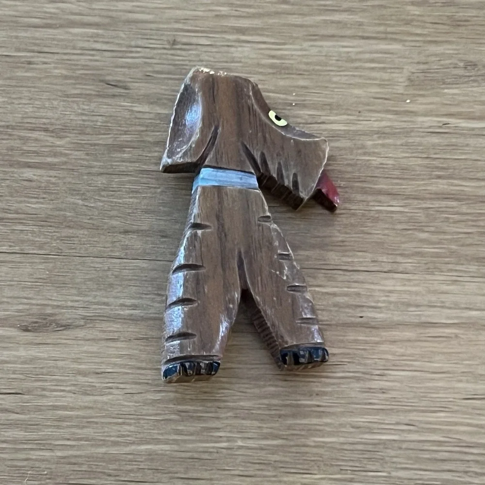 Vintage Hand Carved Wood Dog Brooch Pin Folk Art Primitive Rustic Terrier